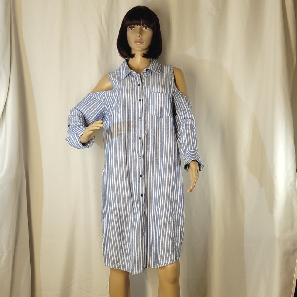 Hope & Harlow Blue and White Stiped Linen Blend Shirt Dress, Women's Size 12
